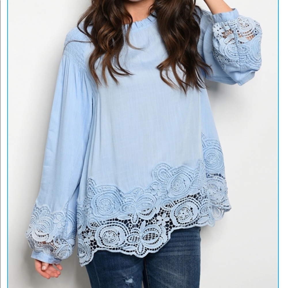 Blue crochet trim length my sleeves blouse
